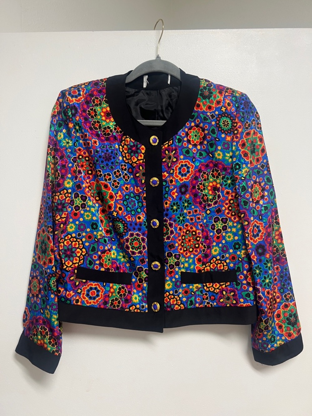 Vintage Bright Multicolor Floral Mosaic Jacket with Black Trim S/M